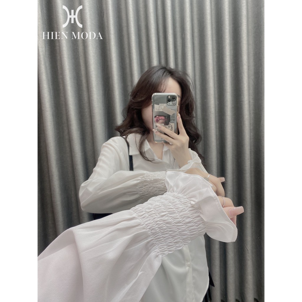 Áo sơ mi nữ trắng dài tay bo chun, Áo sơ mi trắng dài tay nữ tay bèo bo chun chất thô lụa mềm dáng rộng siêu xinh-EGD