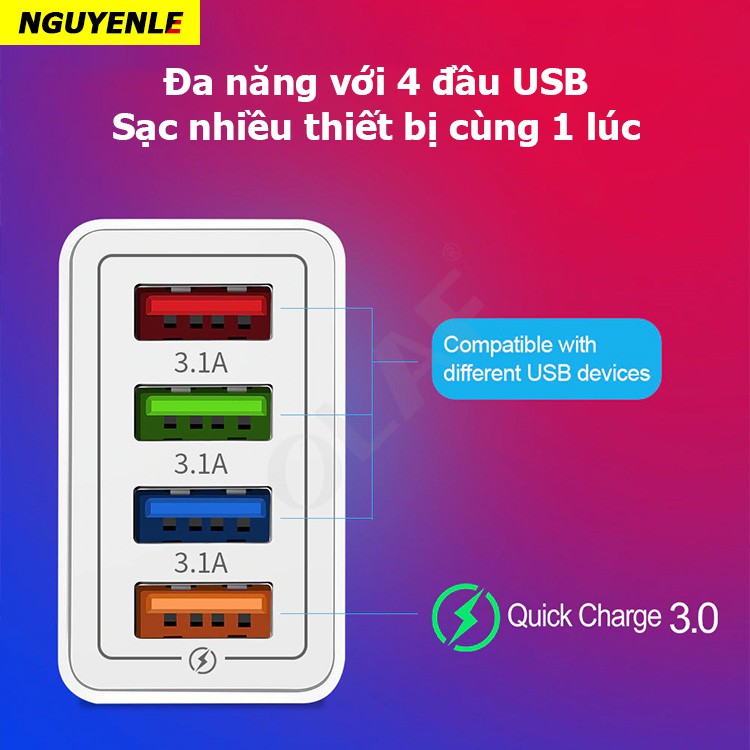 Củ sạc siêu nhanh hỗ trợ sạc nhanh QC 3.0 - 4 Cổng USB