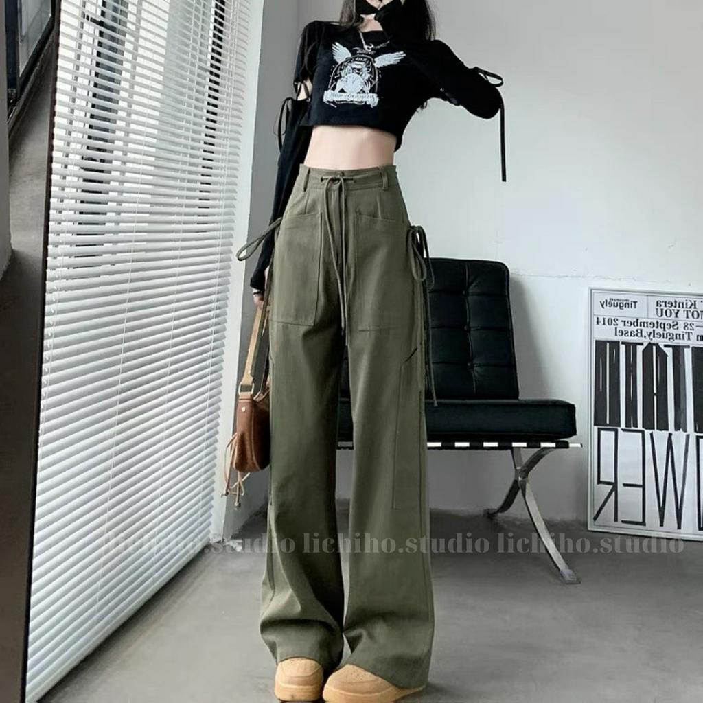 Quần kaki túi hộp phối dây rút eo form dài unisex cargo pants ống suông thiết kế cạp lưng cao cá tính trẻ trung LCH