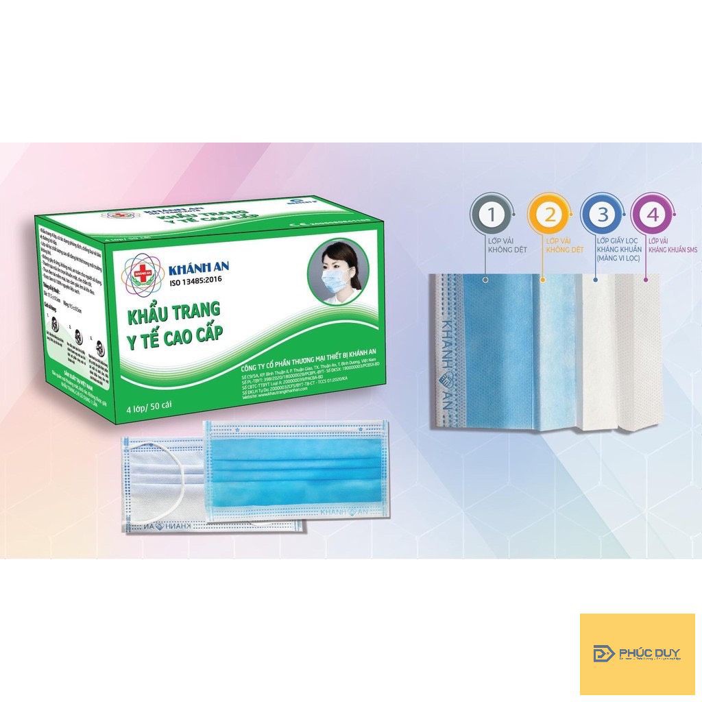Khẩu trang y tế 4 lớp kháng khuẩn Khánh An - Màu xanh (50 cái/hộp)