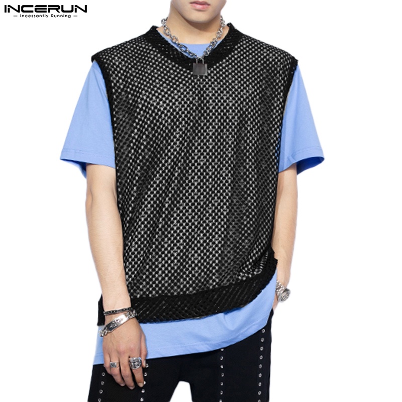 Áo thun ba lỗ INCERUN cổ chữ V màu đen phối lỗ thời trang dành cho nam