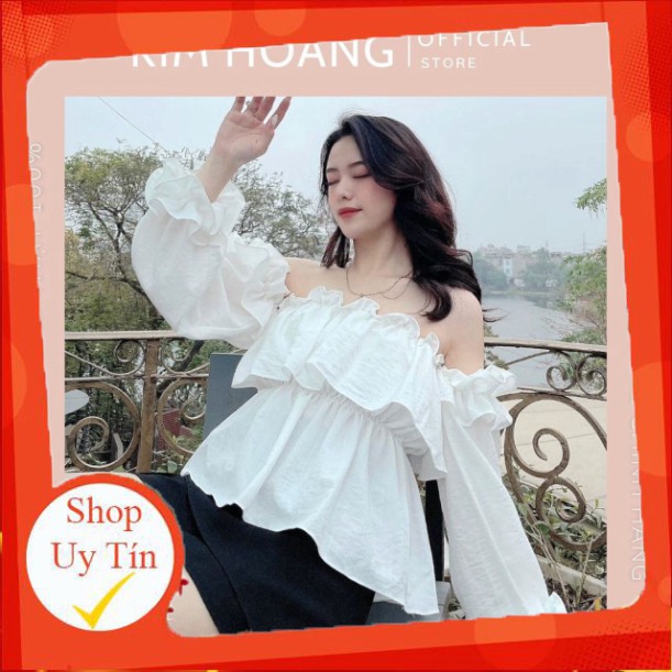 Áo trễ vai croptop Kim Hoàng màu trắng hở vai tay bồng bèo nhún thiết kế - (Linen Top)