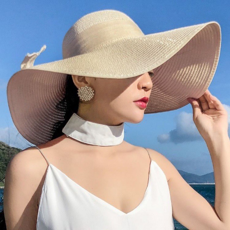 Mũ cói ( Nón cói) vành rộng 45cm bo viền phối nơ vải bố siêu xinh(SH12)