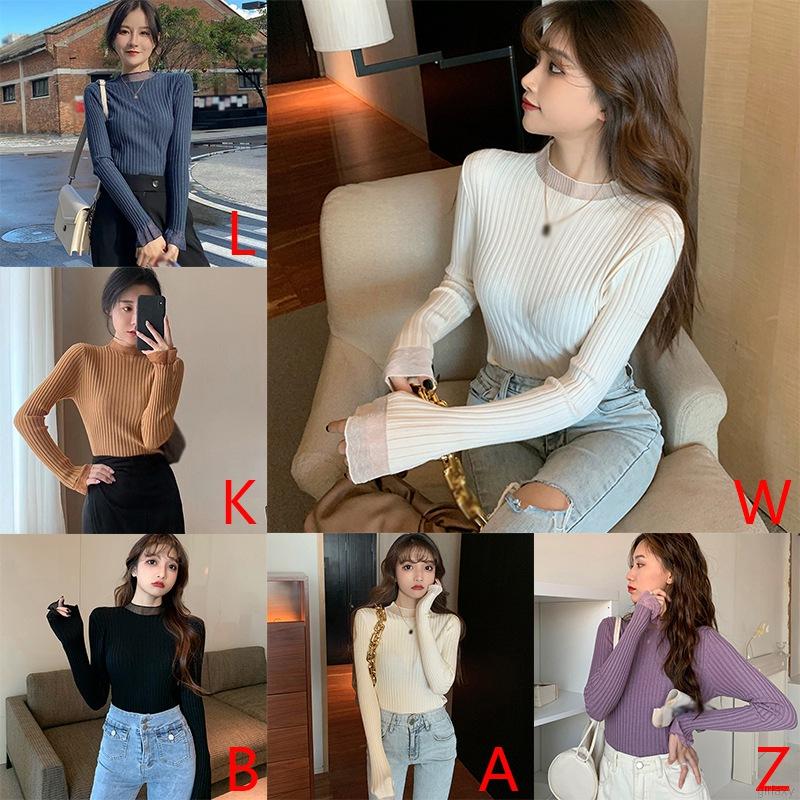 Áo Dệt Kim Dài Tay Cổ Tròn Phối Ren Màu Trơn Phong Cách Hàn Quốc