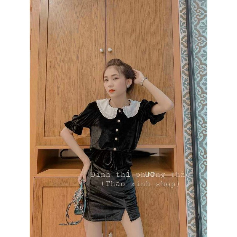 Set nhung áo đen cổ sen rút dây eo + chân váy xẻ
