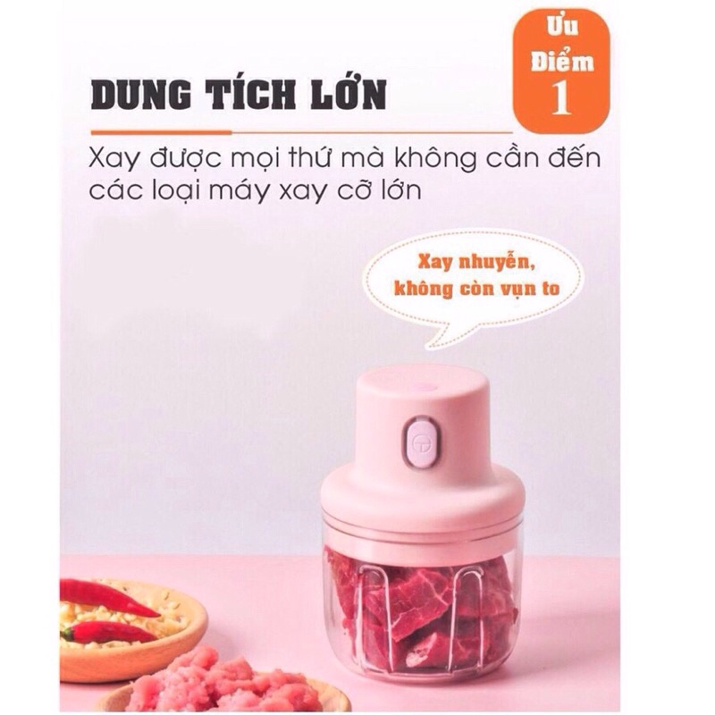 Máy xay Mini Sạc Điện, Xay Thịt Ớt Hành Tỏi Rau Củ Quả