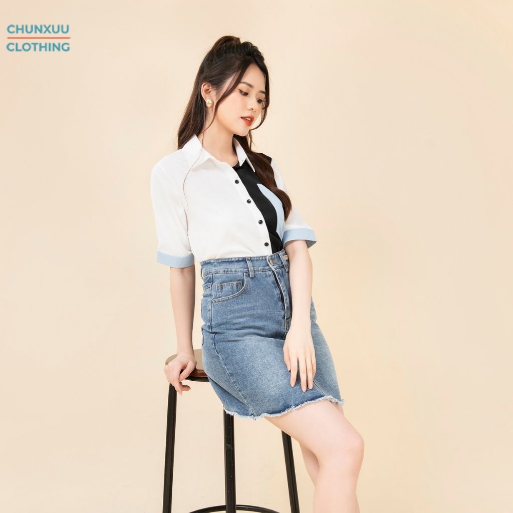 Áo kiểu nữ công sở cộc tay Chunxuu thiết kế form vừa tôn dáng phối màu đẹp chất liệu cao cấp - SK07