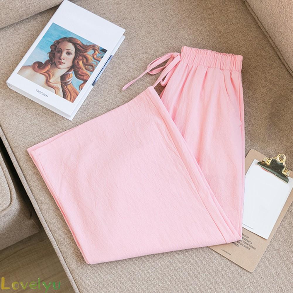 Quần Dài Ống Rộng Vải Cotton Mỏng Phối Dây Rút Và Túi Thời Trang Mùa Hè