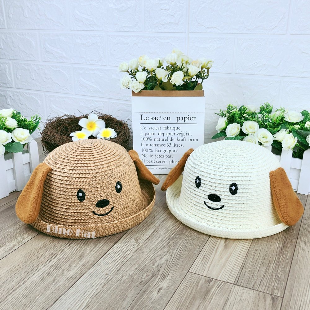 Nón Mũ Cói Có Quai Cho Bé Trai Bé Gái Từ 2 3 4 Tuổi Vòng Đầu 51cm Hình Chú Chó Dễ Thương NK29 - Dino Hat