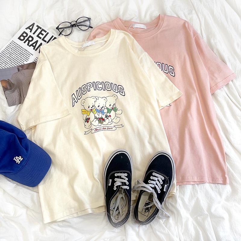 Áo Thun Cotton Tay Ngắn Dáng Rộng In Họa Tiết Gấu Hoạt Hình Dễ Thương Thoải Mái Thời Trang Mùa Hè Cho Nữ