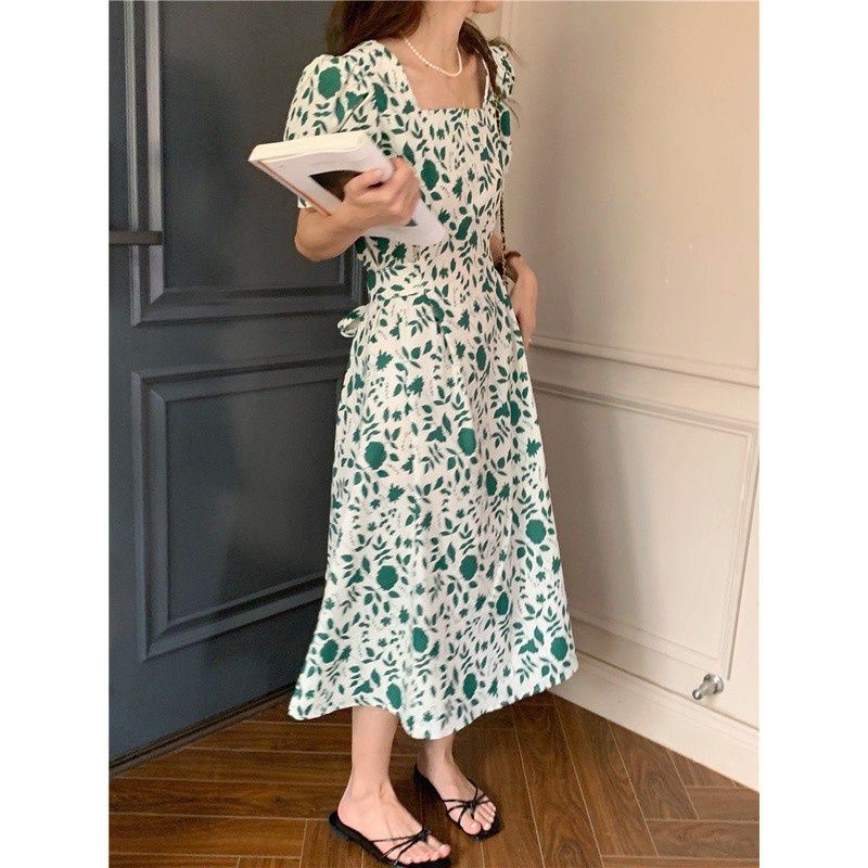 Đầm Hoa Cổ Vuông Ngắn Tay Dáng Dài Thời Trang Sành Điệu 44212