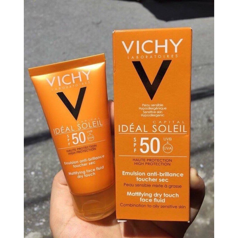 ( CHÍNH HÃNG ) Kem Chống Nắng Không Gây Nhờn Rít Không Màu SPF50  Vichy Capital Soleil SPF50 Face Dry Touch (50ml)