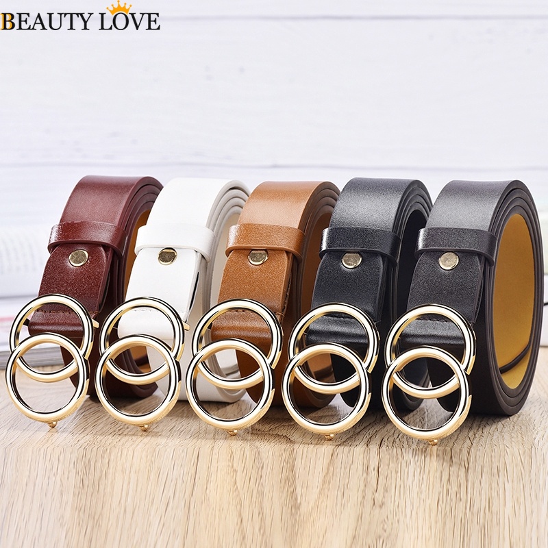 Thắt Lưng Da PU Hai Màu Trắng / Đen Khóa Tròn Thời Trang Cho Nữ