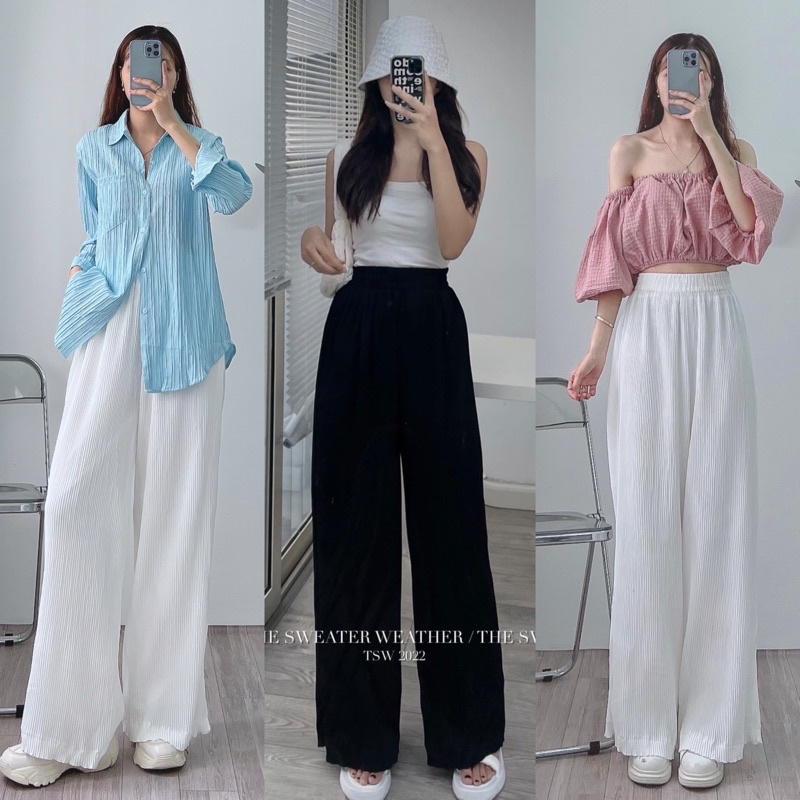 [ẢNH THẬT/VIDEO] Quần ống rộng lượn sóng thiết kế dập ly hai lớp đứng dáng Quần ống đứng cạp cao xếp xòe Xinh Xắn