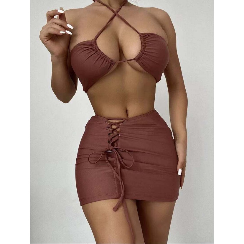[BKN1512] &lt;ÂU&gt; SET BIKINI 3 MÓN NÂU KÈM CHÂN VÁY ĐAN DÂY