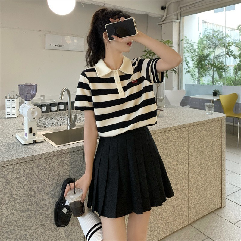 Áo Thun POLO Dệt Kim Tay Ngắn Dáng Rộng Thêu Họa Tiết cherry Dễ Thương