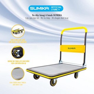 Xe đẩy hàng 4 bánh SUMIKA T300, tay cầm gấp gọn, sàn thép bọc nhựa, bánh xe nhựa PU, tải trọng 300kg