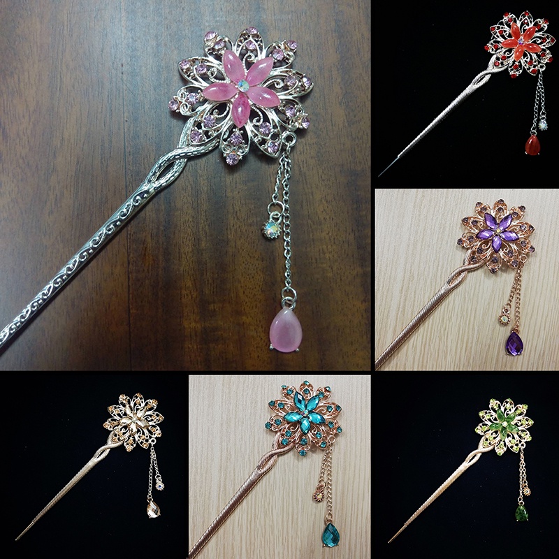 Trâm cài tóc đính đá họa tiết hoa tròn tua rua vintage