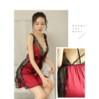 Váy ngủ đỏ đô phủ ren đen gợi cảm chất lụa the mát