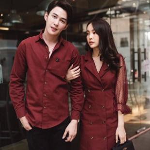 Đồ đôi 🎀FREESHIP🎀 Áo đôi áo cặp váy sơ mi phối ren nam nữ màu đỏ đô Hàn Quốc AV95