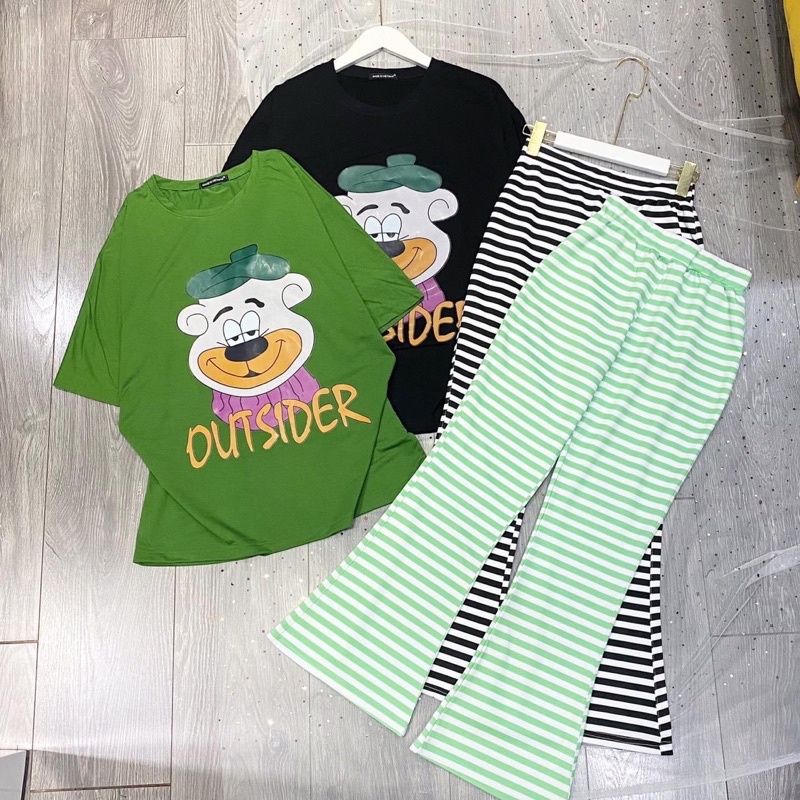 Set Bộ Áo Phông Gấu OUTSIDER Quần Loe Suông Ảnh Thật