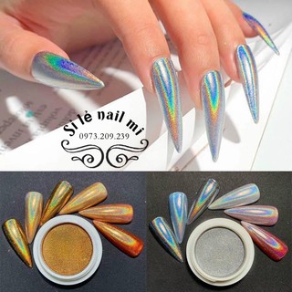 tráng gương nén làm nail 2 màu cầu vồng vàng và bạc