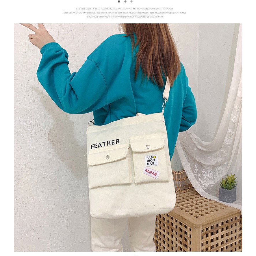 Túi Tote Vải Canvas Đéo Chéo Thời Trang Nhiều Màu Phong Cách Ullzzang - Hàn Quốc GN10