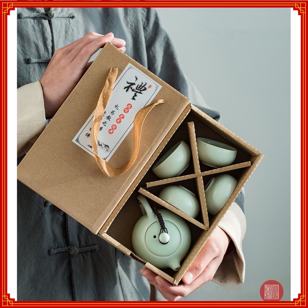 Bộ Ấm Chén Pha Trà Men Ngọc Mờ 5 Món ( 1 Ấm + 4 Chén ) - Kèm Túi Hộp Lịch Sự
