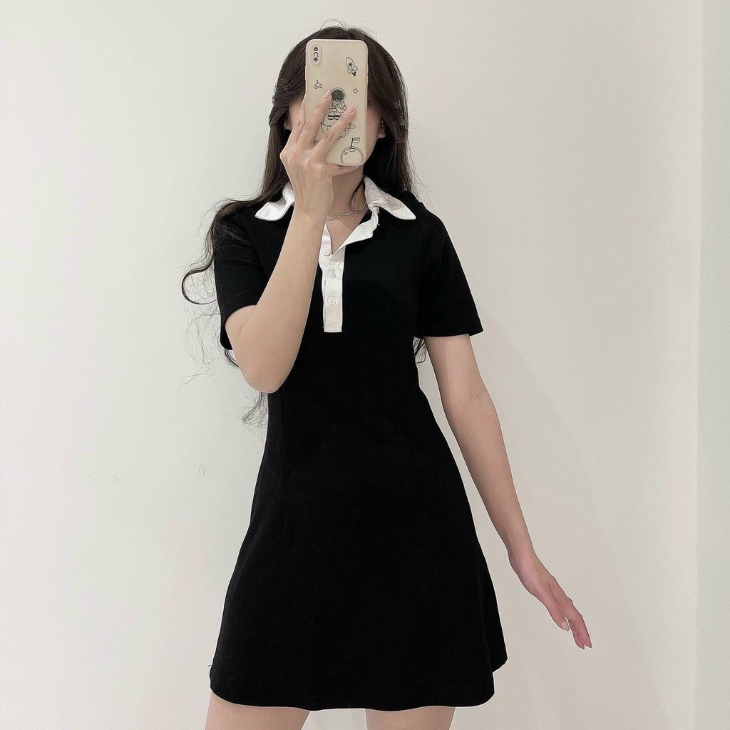 Đầm Polo Tay Ngắn Đen Phối Cổ Trắng Xinh Xắn Váy Body Xòe Cổ Bẻ