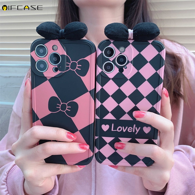 Ốp Điện Thoại Mềm Chống Sốc In Họa Tiết Caro &amp; Trái Tim Đính Nơ Cho iPhone 13 12 11 Pro Max XS Max XR X