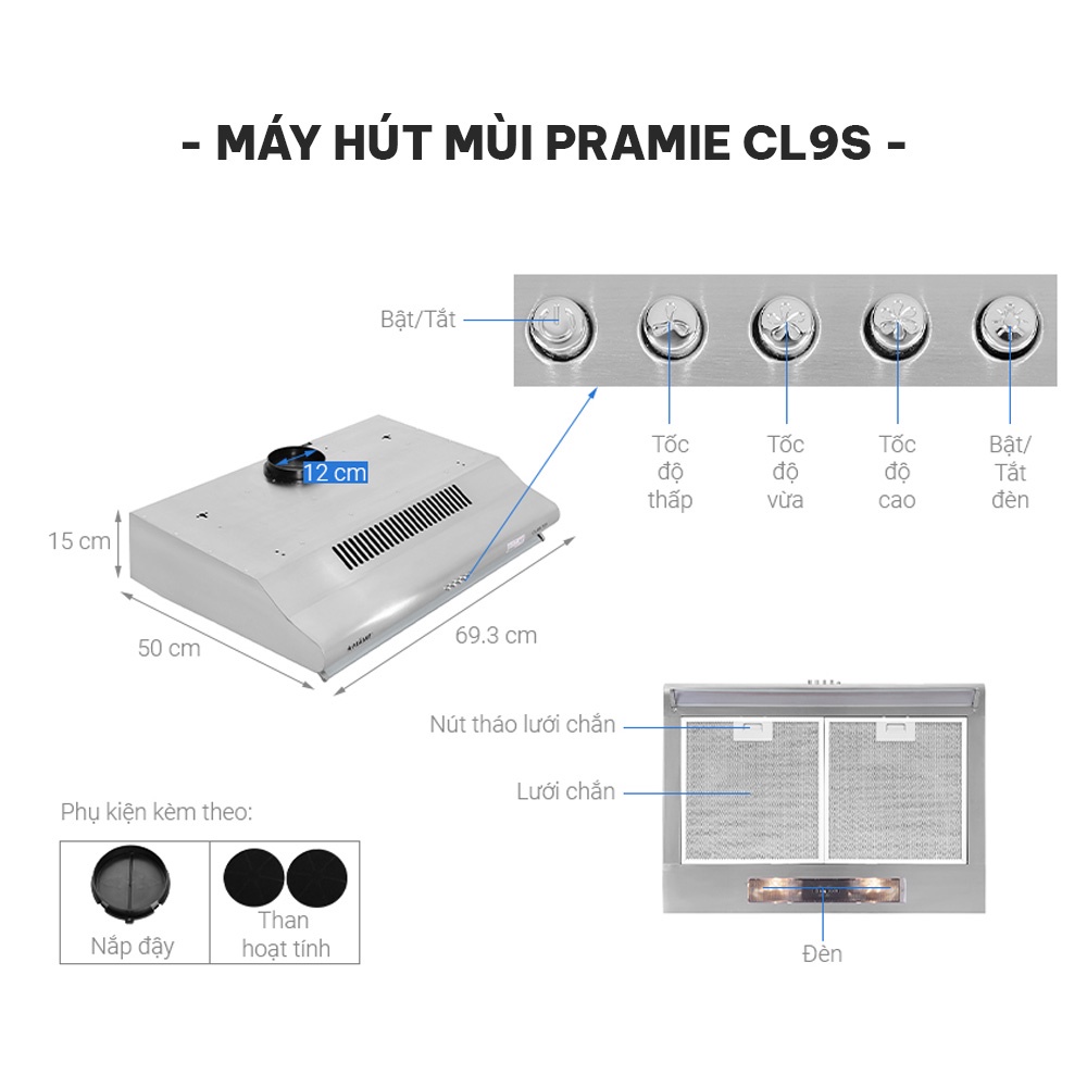 Máy hút mùi cổ điển Pramie CL9S-700 máy hút mùi bếp âm có bộ lọc khử mùi than hoạt tính, chống ồn, hoạt động êm ái