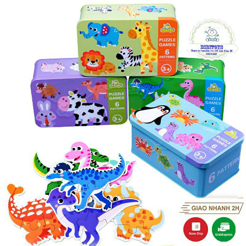 [RẺ VÔ ĐỊCH] Bộ ghép hình 3-6 mảnh/ 6 hình hộp sắt gỗ Puzzle cao cấp