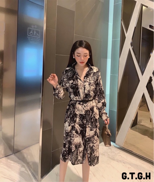 ( Ảnh thật + Video ) Váy suông sơ mi loang màu kèm belt | BigBuy360 - bigbuy360.vn