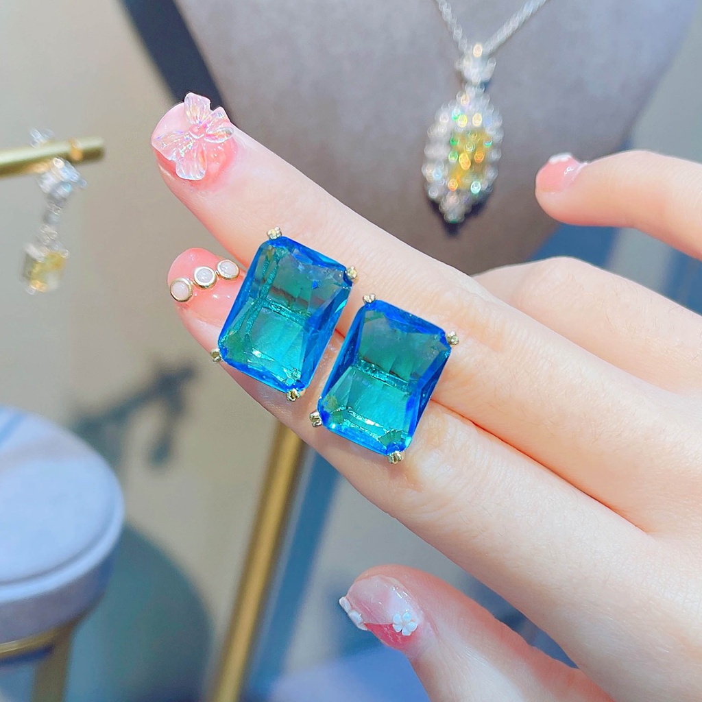 Khuyên Tai Đính Đá Topaz Hình Vuông Màu Xanh Dương Phong Cách Mới Cho Nữ-JHS4-E