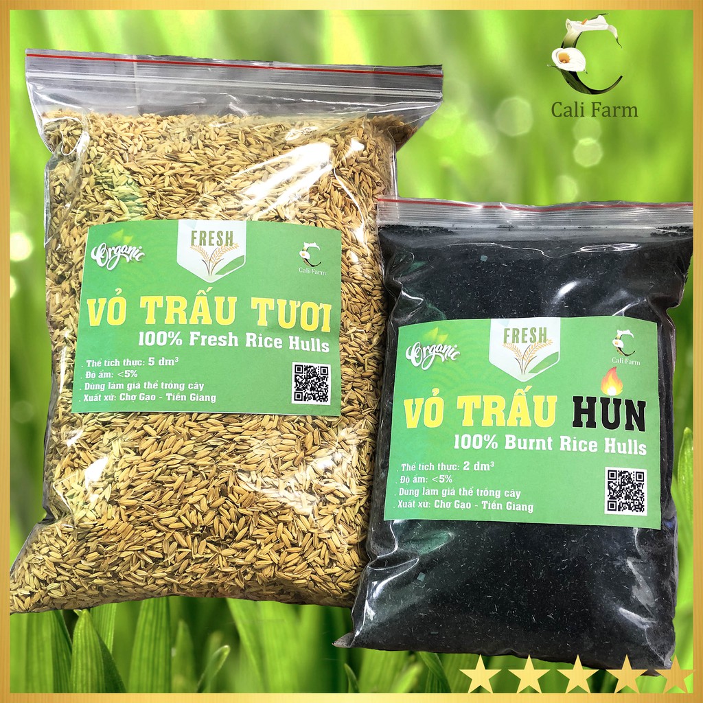 Combo Vỏ Trấu Tươi và Vỏ Trấu Hun giá thể trộn đất để ươm trồng cây