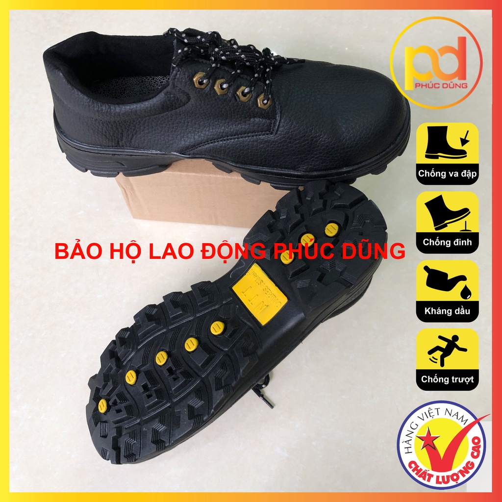 Giày bảo hộ lao động nam giá rẻ chính hãng NTT P01 chỉ đen siêu nhẹ chống đinh, đế thép váng da thật cao cấp êm chân