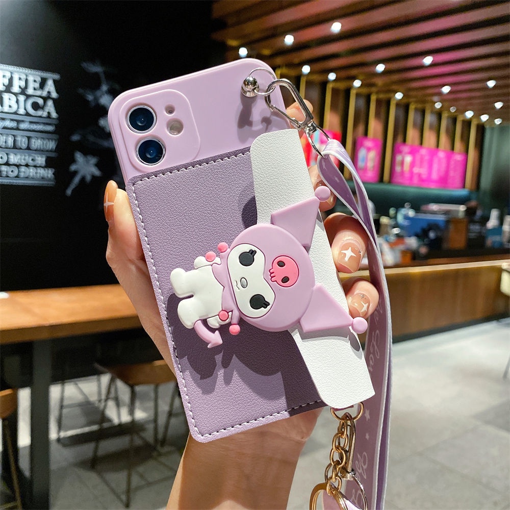 Ốp Điện Thoại Màu Đen Nhám Hình Kuromi Nhật Bản Có Ngăn Đựng Thẻ + Dây Đeo + Giá Đỡ Cho iPhone 7 Trong 1 14 13 12 11 Pro Max mini X XS XR 8 7 6 6s Plus