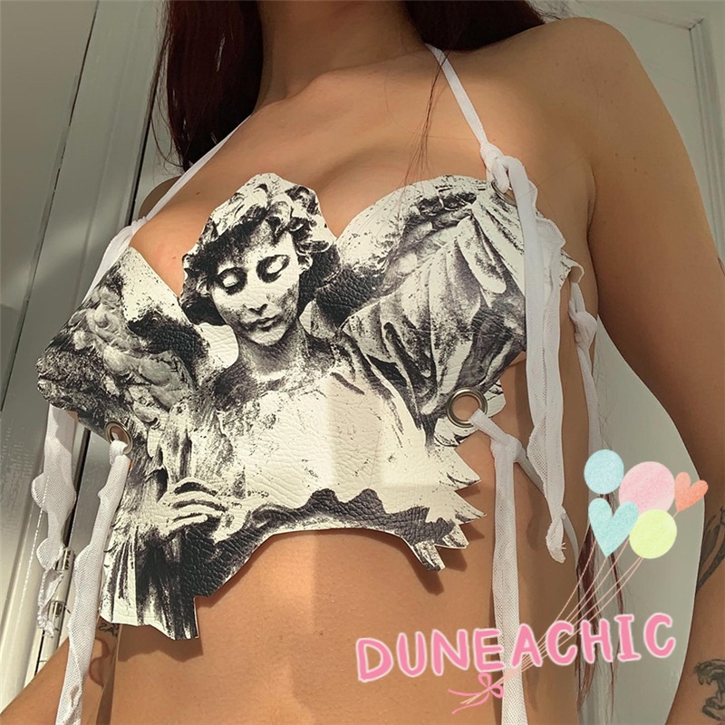 DUNEA Áo kiểu giả da không tay hở lưng gợi cảm dành cho nữ