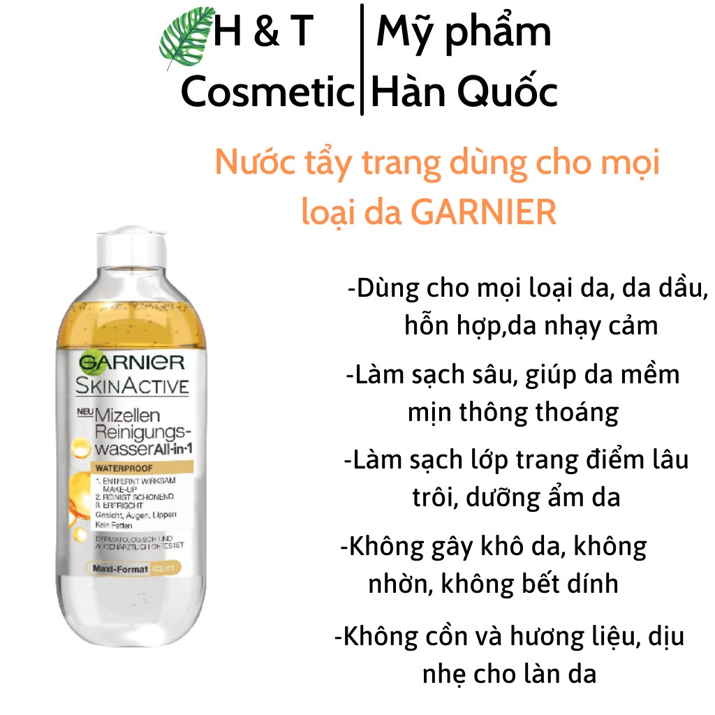 Nước tẩy trang GARNIER cho da dầu da nhạy cảm làm sạch sâu giúp da mềm mịn 400ml