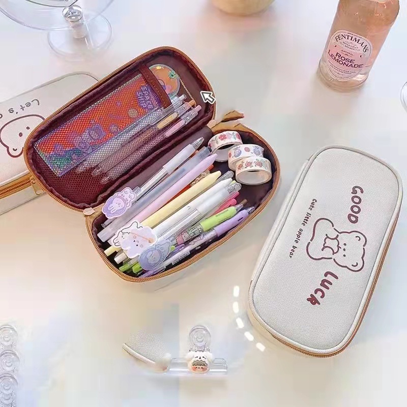 Túi Đựng Bút Bằng Vải Canvas Cỡ Lớn In Hình Gấu Hoạt Hình Dễ Thương