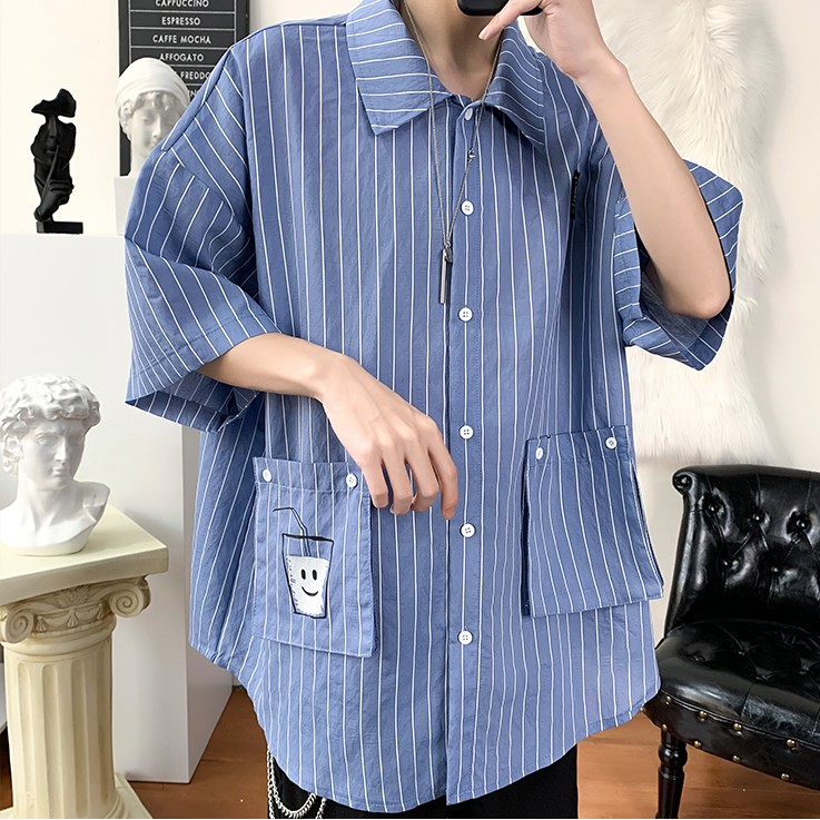 Áo Sơ Mi Hàn Quốc Kẻ Sọc Cổ Bẻ Tay Lỡ Phối Hai Túi Thời Trang MENFASHION1989 SOMI NAM 9000040