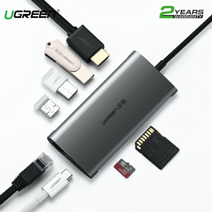 Cáp Chuyển Hub Ugreen 8 in 1 USB Type C Sang 3xUSB 3.0 + HDMI + RJ45 + SD,TF Ugreen 50538