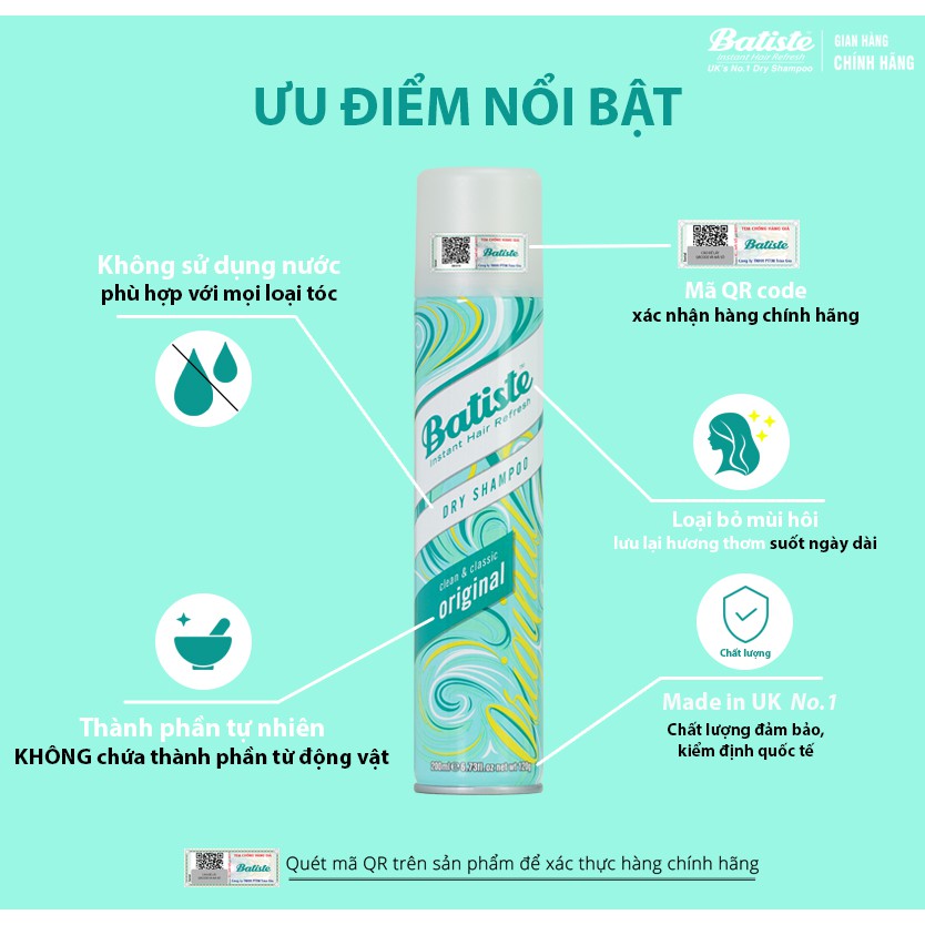 Dầu Gội Khô Batiste 200ml, Batiste 50ml Dry Shampoo Gội khô Anh Chính Hãng 100% UK