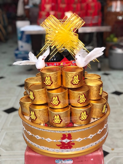 Combo 20-30-50 Lon hộp nhỏ màu Vàng Gấm đựng trà, kẹo, socola trong lễ cưới