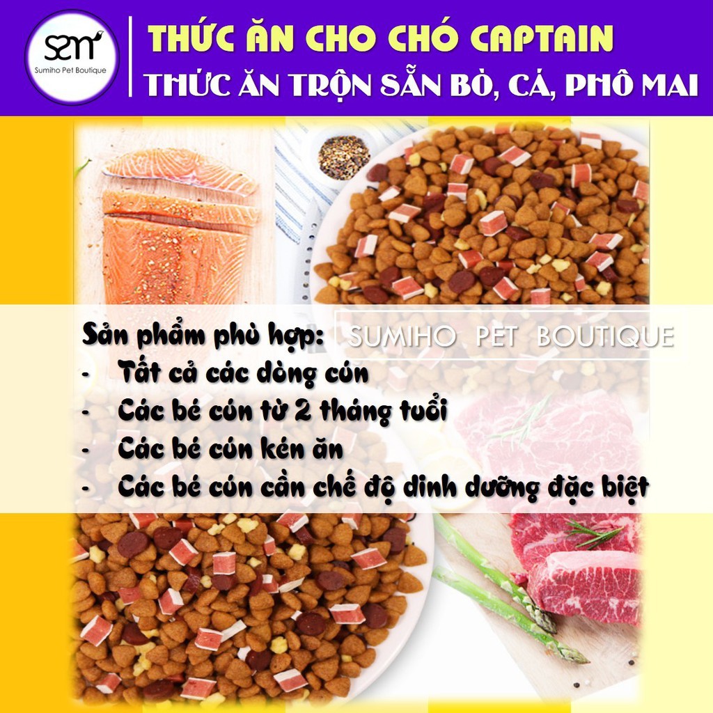 ( SHOP 4 ) ( Hàng sẵn ) Hạt thức ăn cún cưng Captain (Túi 1.5Kg) trộn lẫn thịt bò, phô mai, cá hồi, rau củ MM222 MM222