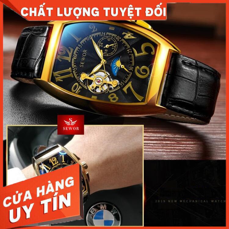 HÀNG CAO CẤP -   Đồng Hồ Cơ Nam Automatic Chính Hãng SEWOR Dây Da Mặt Vuông Sang Trọng