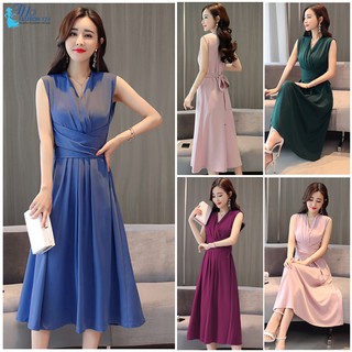 Đầm nữ váy đầm dự tiệc dáng xòe cao cấp sát nách cổ V màu hồng nhạt, tím, xanh dương