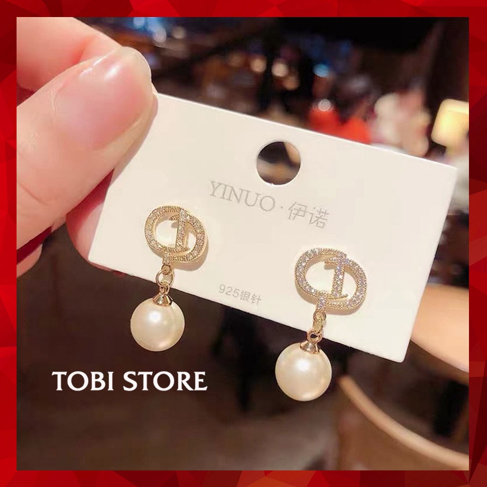 Bông tai nữ thương hiệu CD mặt đính đá thả ngọc trai nhân tạo TB425 TOBI STORE