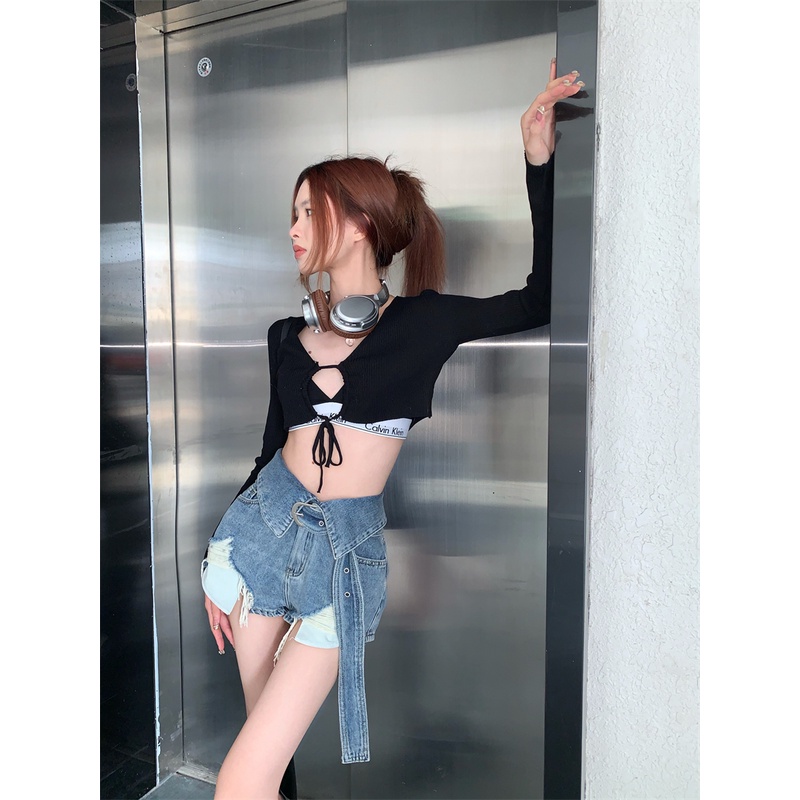 「MOTEL7」 Quần Short Jean Rách Lưng Cao Dáng Ôm Vừa Vặn Hot Cho Nữ