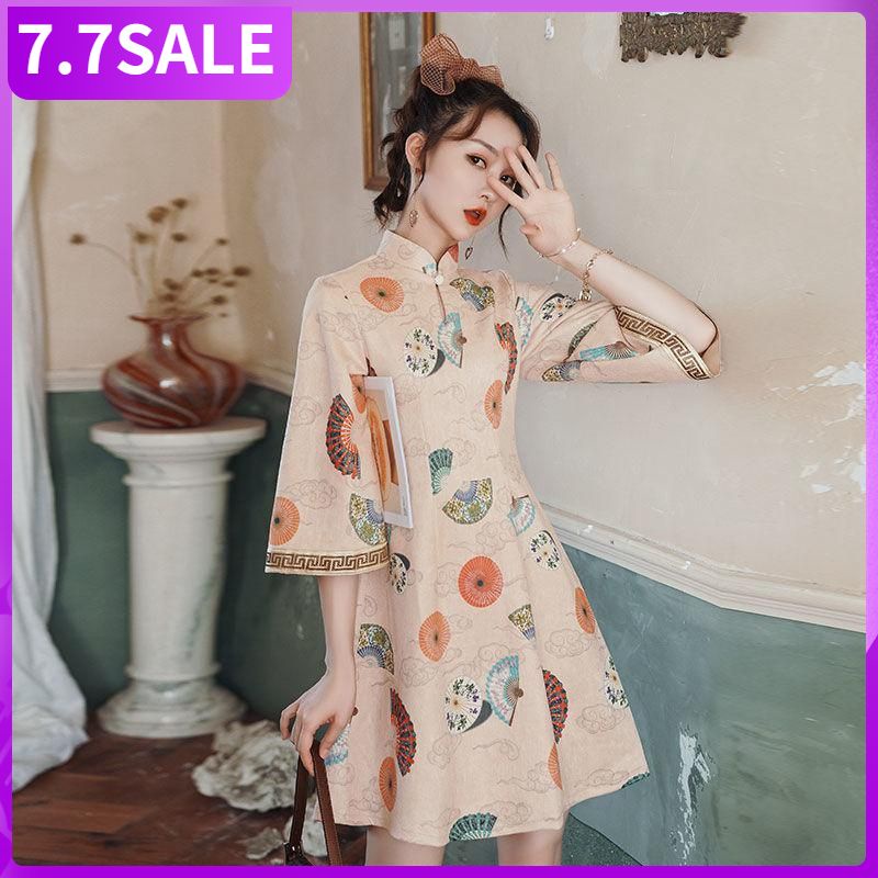 Đầm sườn xám chữ A tay 7 tấc dáng xòe phong cách Trung Hoa thời trang xuân hè cho nữ